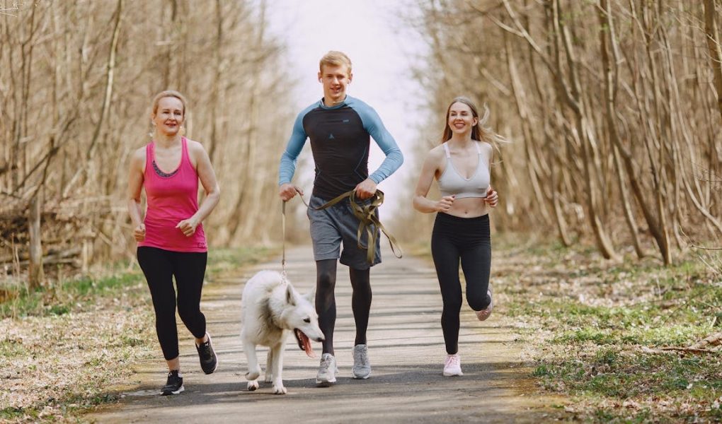 Three adults jogging with a dog on a forest path on a bright spring day, promoting healthy living.