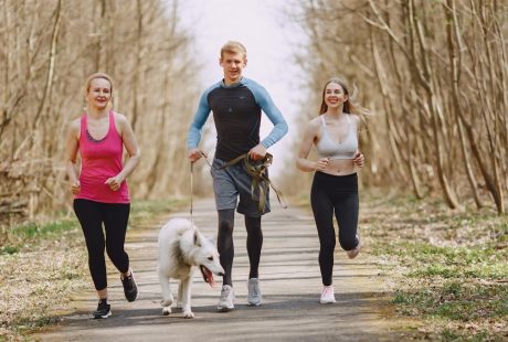 Three adults jogging with a dog on a forest path on a bright spring day, promoting healthy living.