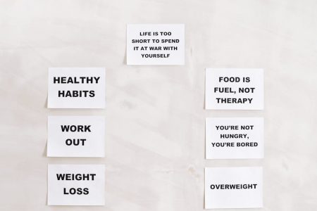 Minimalist display of motivational health and wellness quotes emphasizing healthy habits and weight management.